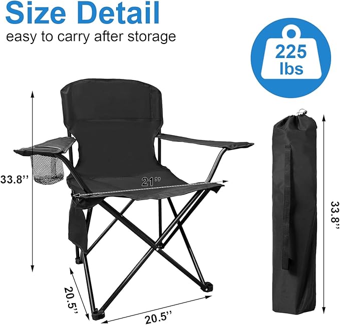Folding Camping Chair with Cup Holder and Cooler Bag Portable Outdoor Chair for Camping Fishing Beach Picnic Heavy Duty Steel Frame Carry Bag Included Supports 225LBS Black 1 Pack