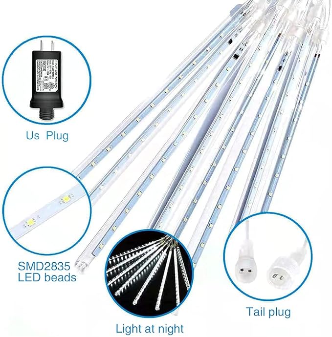 QITONG Meteor Shower Rain Lights Outdoor Falling Rain Snowfall Light 12 inch 8 Tubes 192 LED Cascading Lights for Tree Wedding Party (White)