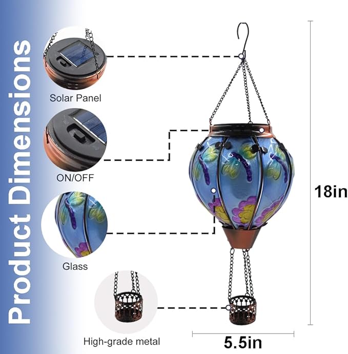 Hot Air Balloon Solar Lantern with Flickering Flame Glass Hanging Garden Lights Outdoor Waterproof for Tree Yard Patio Mother's Day Gift 18 H Dragonfly