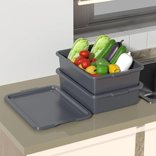 Ramddy 3-Pack 13 L Plastic Commercial Bus Tub with Lid Grey Bus Box Restaurant