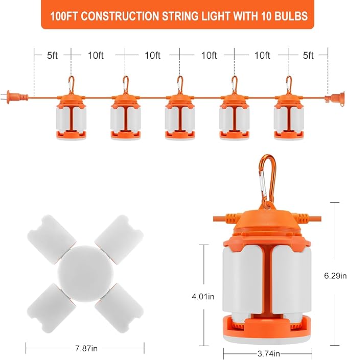 100ft Construction String Lights 300W LED Industrial Grade 30000LM Super Bright Work String Lights for Construction Sites Temporary Work Job site Indoor and Outdoor Lighting (100ft)