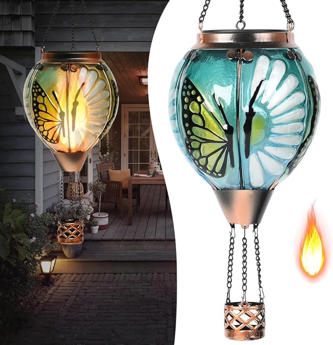 Hot Air Balloon Solar Lantern - Butterfly Stained Glass Lantern Simulated Flickering Dancing Flame Outdoor Hanging Yard Light Waterproof IP65 for Patio Lawn Porch Decor Gift