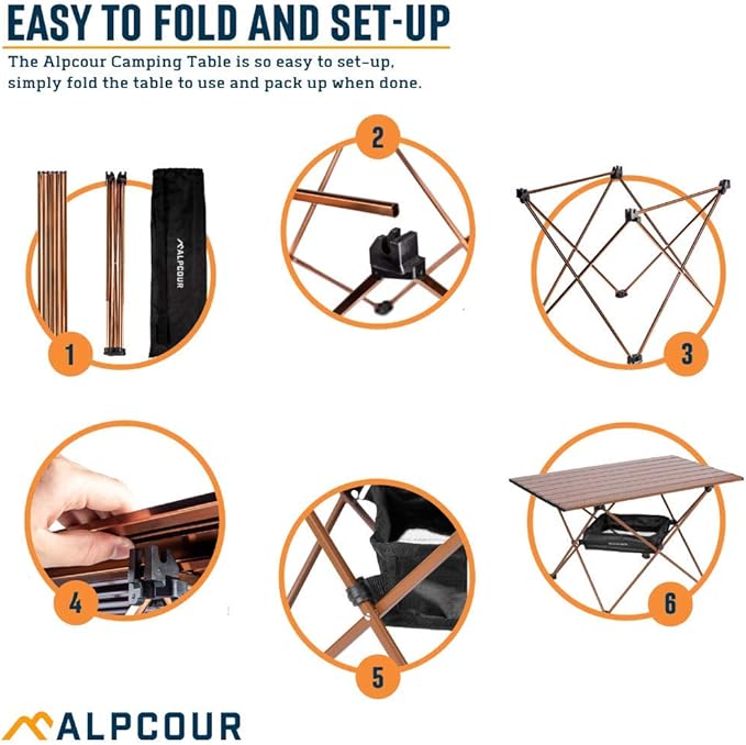 Alpcour Portable Camping Table – Lightweight Compact Folding Side Table in a Bag with Aluminum Top &amp Heavy Duty Hinge for Easy Travel &amp Storage – Great for Outdoor BBQ Backpacking Tailgate