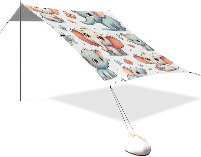 Cartoon Elephant Design Camping Sun Shelter Beach Tent Portable Beach Sun Shade Outdoor Canopy for Camping Trips Fishing Picnic