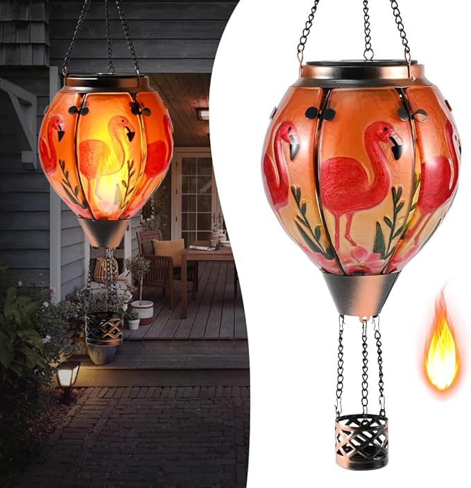 Hot Air Balloon Solar Lantern - Flamingo Stained Glass Lantern Simulated Flickering &amp Dancing Flame Outdoor Hanging Yard Light Waterproof IP65 for Patio Lawn Porch Decor Gift