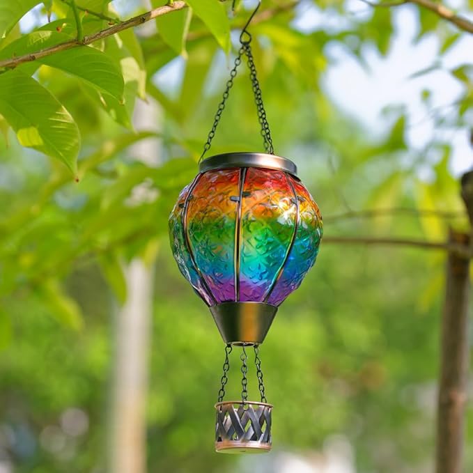DREAMSOUL Rainbow Hot Air Balloon Solar Lantern Metal &amp Glass Solar Lantern with Flickering Flame Hanging Solar Lanterns Outdoor Waterproof for Lawn Patio Tree Decor