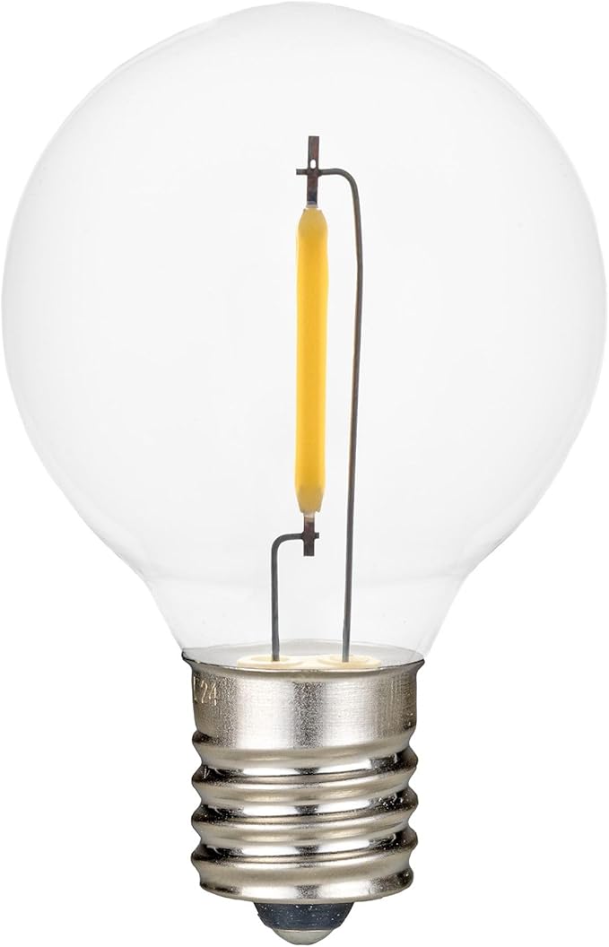 Novelty Lights 25 Pack Warm White G40 LED Filament String Light Bulbs E12/C7 Candelabra Base 5 Watt Equivalent Shatterproof Replacement Bulbs for Patios Canopy Lighting