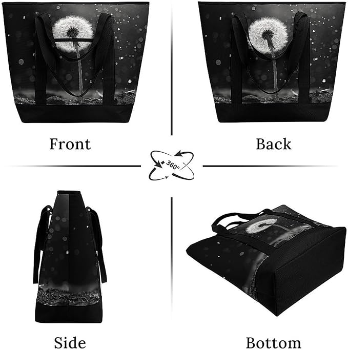 Insulated Shopping BagLarge Reusable Cooler Bags Dandelion Black And White Printed Foldable Shopping BagTravel Waterproof Shoulder Bag