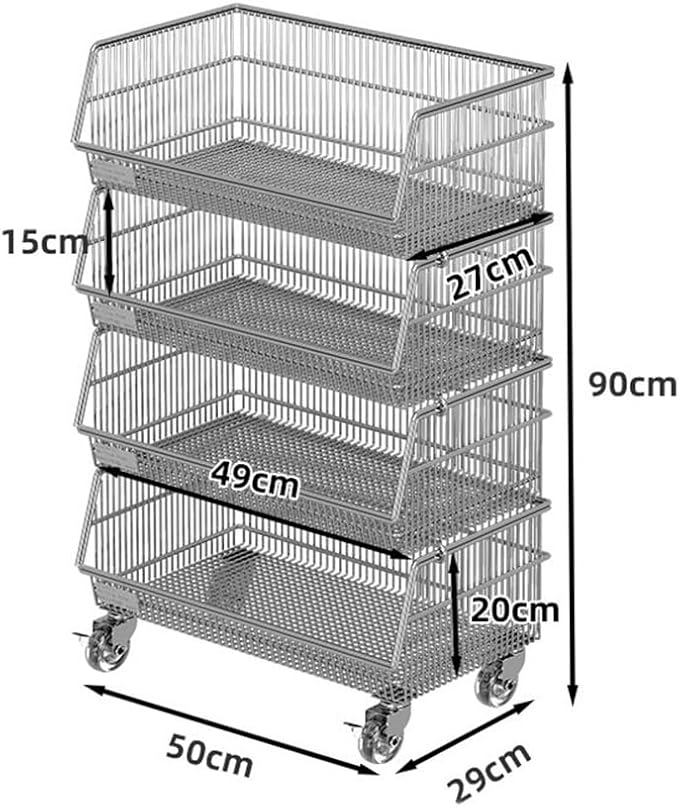 zktoermn Metal Basket Organizer Open Storage Shelves with Wheels Space-Saving Store Organization Shelf for Grocery Stores Supermarkets Bakery(50x29x90cm)