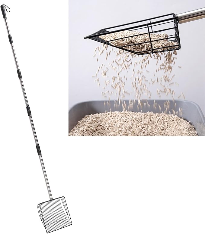 Extended Handle Litter Scoop Stainless Steel Non Stick Pet Poop Shovel Heavy Duty Expandable Metal Scoop with Adjustable Length for Livestock Farms Chicken Coops and Large Pets