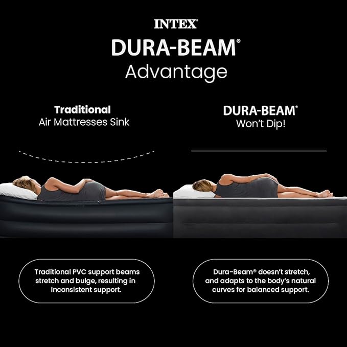 Intex 64449ED Dura-Beam Deluxe Plush Air Mattress with Headboard: Fiber-Tech - Queen Size - Built-in Electric Pump - 18in Bed Height - 600lb Weight Capacity