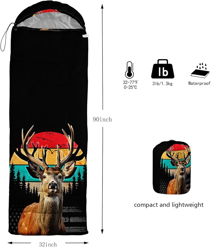HOSIMA Dear Hunting Pattern Cold Weather Sleeping Bags for Kids AdultsBlack Light Weight Waterproof Sleeping Bags for Outdoors Hiking.