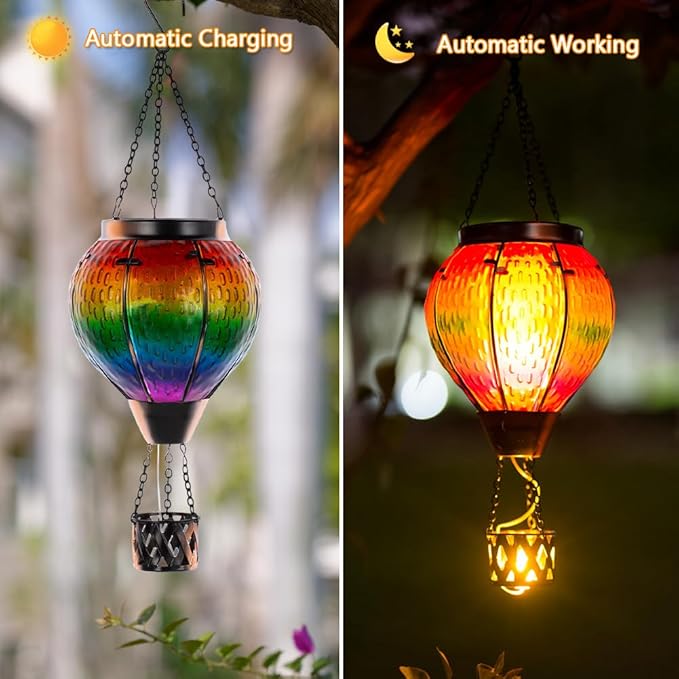 DREAMSOUL 2 PCS Solar Hot Air Balloon Lantern with Flame Glass Hanging Solar Lanterns Outdoor Waterproof for Lawn Patio Porch Decor