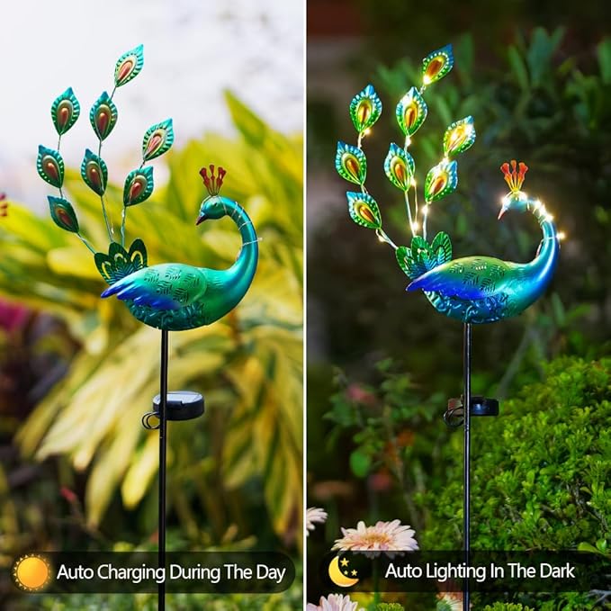 DREAMSOUL Peacock Solar Lights Outdoor 2 Pack Waterproof Outdoor Solar Lights for Yard Pathway Peacock Garden Decor