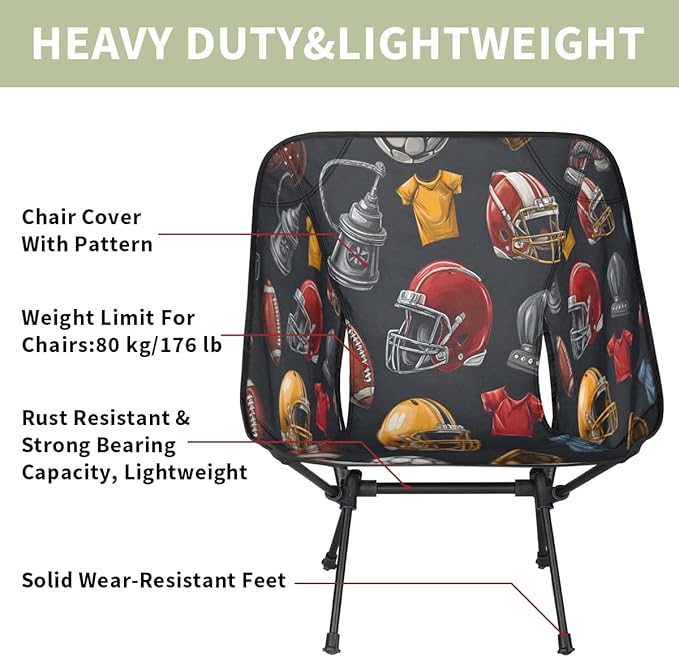 Rugby Camping Chair Folding Backpacking Chair Sports Ball Portable Lightweight Outdoor Chairs with Side Pockets for Hiking Beach Picnic