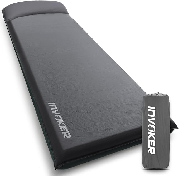 INVOKER Camping Sleeping Pad 3.15” Memory Foam Fast Self Inflating Insulated Durable Camping Mat Air Mattress with Pillowfor Tent Traveling Car Camping Grey
