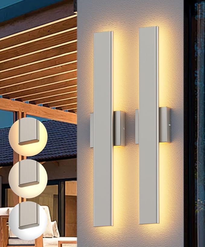 Aipsun 2 Packs Nickel Outdoor Wall Light 23.6inch Modern LED Exterior Wall Sconce Long LED Linear Exterior Lights 3000K 4000K 6000K for House Living Room Corridor(3CCT)