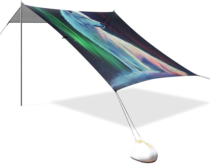 ALAZA Arctic Wolf Polar Lights Beach Tent Sun Shelter UPF50+ Protection Beach Shade Canopy w/ 4 Sandbags for Outdoor Camping Fishing Backyard Fun Picnic 10x9 ft