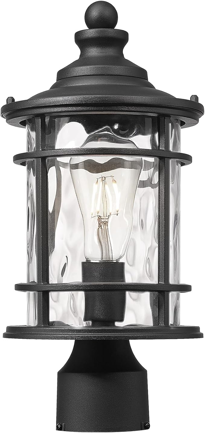 Outdoor Post Light Pole Lantern 14.9 Inch Height Lamp Post Light Fixture Aluminum Material Water Ripple Glass Black Outdoor Pillar Lights Hard Wired E26 Socket