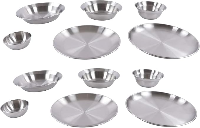 12pcs Camping Dinnerware Set Stainless Steel Plates Bowls Cutlery with Storage Bag - Durable &amp Reusable Outdoor Mess Kit for Hiking Picnic &amp Family Camping