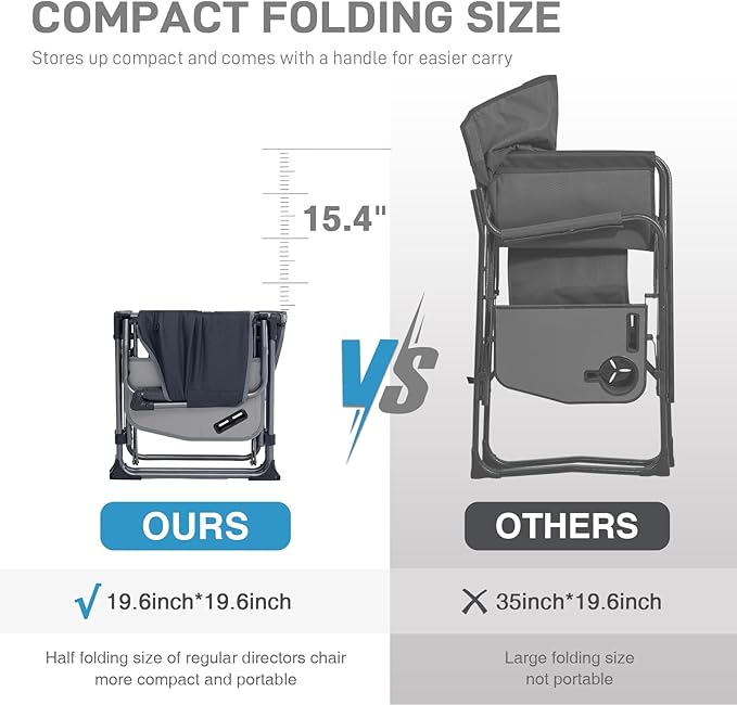 EVER ADVANCED Camping Directors' Chair with Side Table Portable Folding Chair with Compact Size Heavy Duty Lawn with Pocket for Camping Lawn Sports and Fishing 400lbs Grey