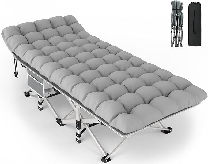 ZENPETIO Camping Cot for Adults - Heavy-Duty Cot Bed with Mattress Portable Sleeping Cots for Outdoor Indoor 1200D Oxford Folding Cots for Home Travel Max Load 500LBS Fits People up to 6'3 Gray