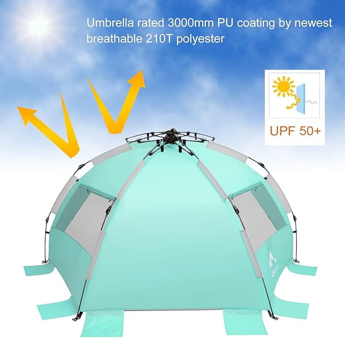 Oileus X-Large 4 Person Beach Tent Sun Shelter - Portable Sun Shade Instant Tent for Beach with Carrying Bag Stakes 6 Sand Pockets Anti UV for Fishing Hiking Camping Waterproof Light Green