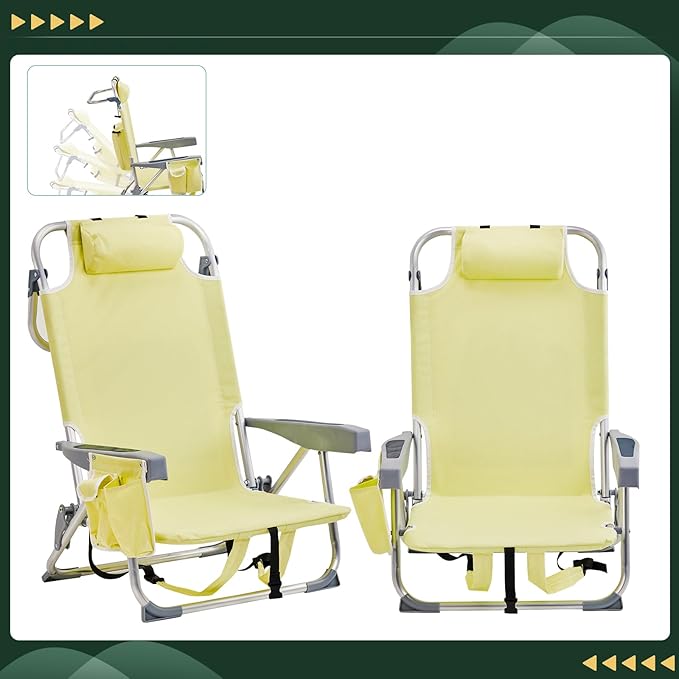 Backpack Beach Chairs for AdultsFolding Heavy Duty Camping Chair with Large Pockets and Cup HolderBeach Lounge Chairs with Towel Rack for OutdoorTravel (Yellow)