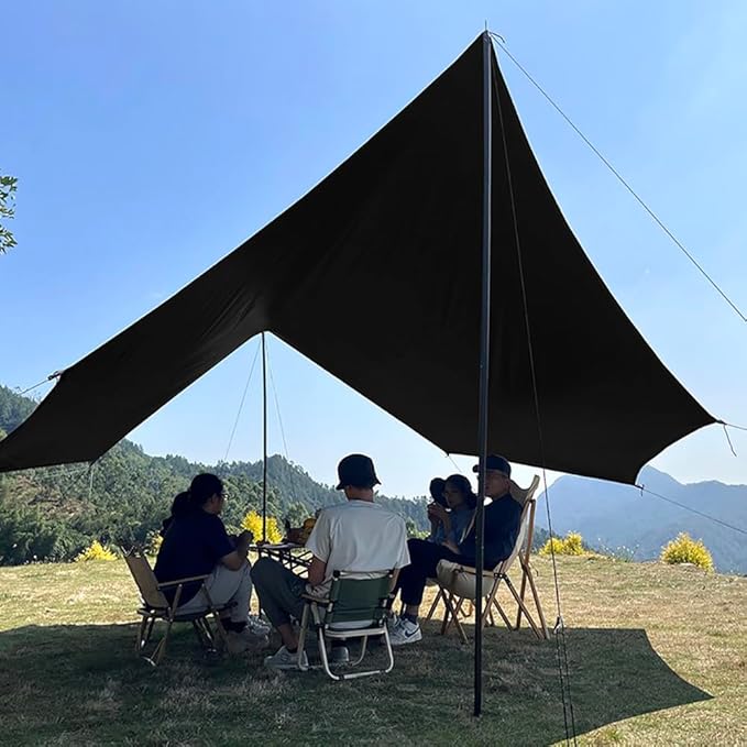 16x16 ft Large Camping Tarp with Poles Waterproof Hammock Rain Fly Camping Awning Sun Shelter (Black Without Poles)