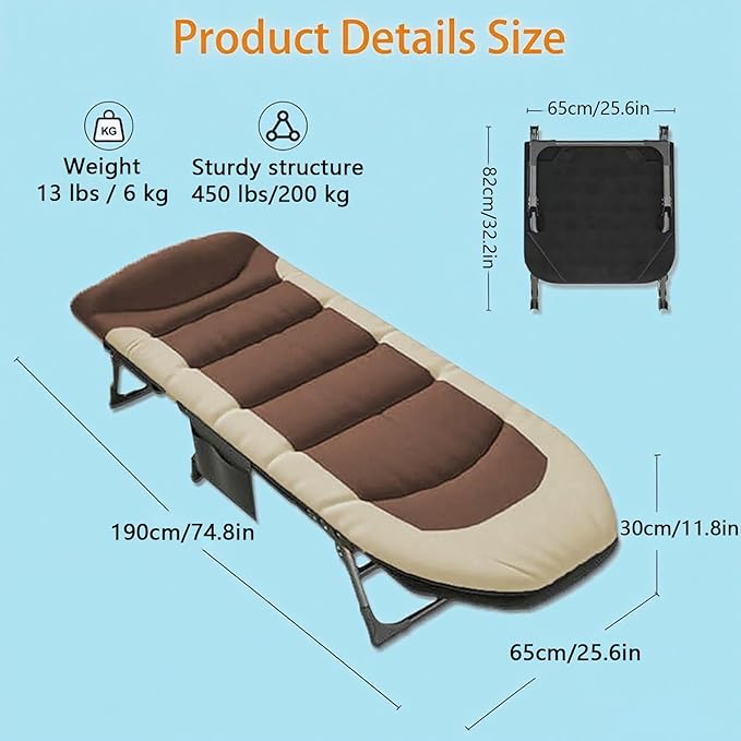Folding Camping Cot Travel Cot with Adjustable Backrest und Side Pocket 450LBS Max Load Portable Cots for Adults Adult Cots for Sleeping for Outdoor Office Nap Beach Travel (Brown)