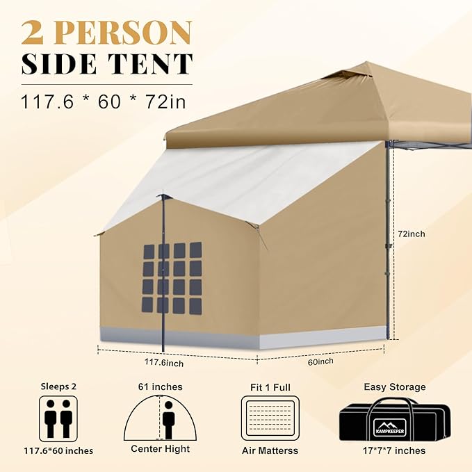KAMPKEEPER 2 Person Canopy Side Tent Camping Tent for 10x10 Canopies Easy Up Cube Tents Gazebo Room with Mesh Window for Camping Storage Events(Canopy Not Included)