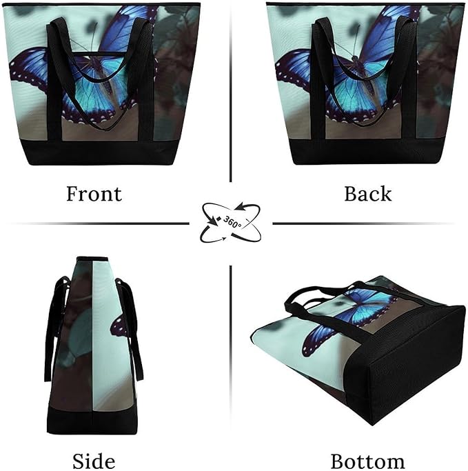 Insulated Shopping BagLarge Reusable Cooler Bags Blue Butterfly Printed Foldable Shopping BagTravel Waterproof Shoulder Bag