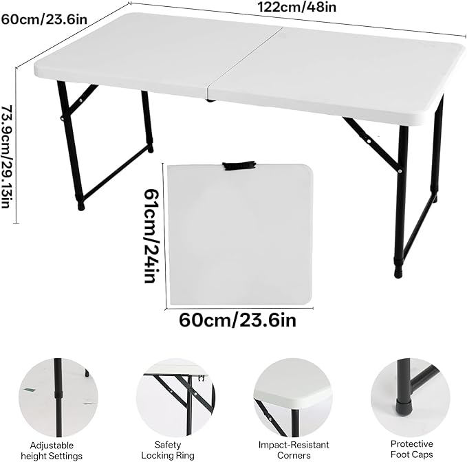 4FT Adjustable Height Folding Camping Table - Portable Foldable Small Table with Metal Frame &amp Plastic Top Ideal for Outdoor Picnic Indoor Dining &amp Events