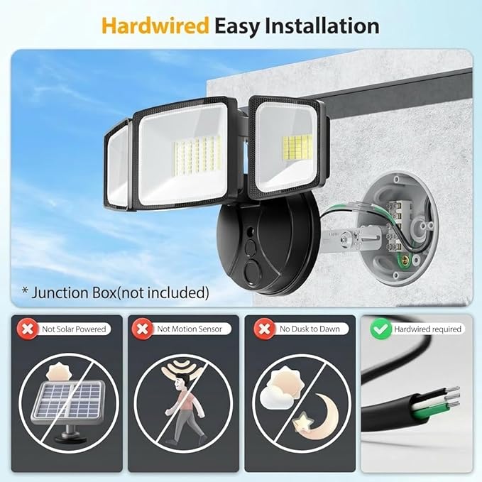 Onforu 75W Flood Lights Outdoor 7000LM Brightness Security Lights Switch Controlled 3 Adjustable Heads IP65 Waterproof 6500K Wall Mount Exterior LED Flood Light