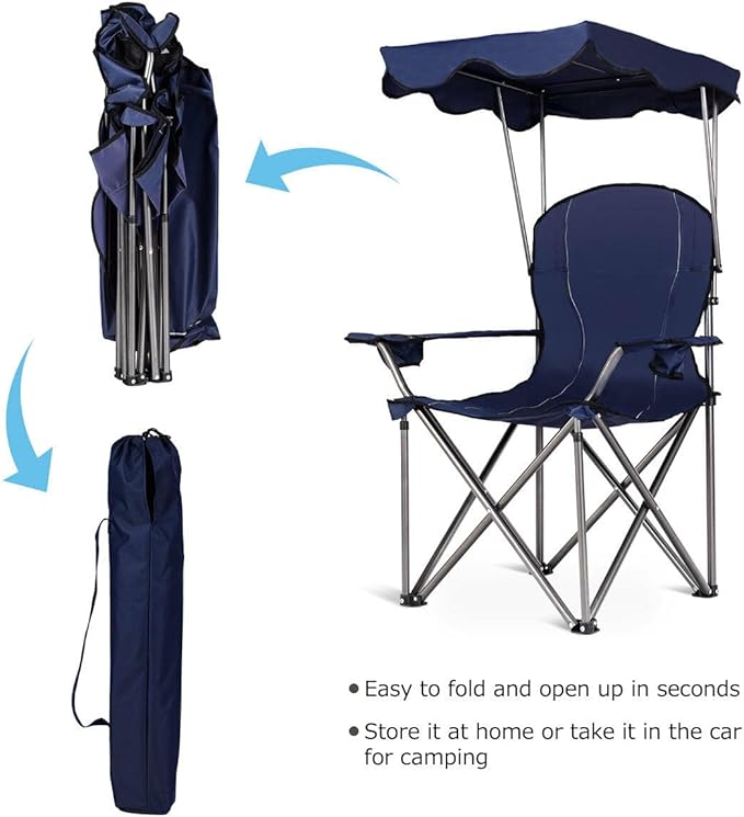 COSTWAY Portable Camping Chair with Canopy Outdoor Lawn Chair with Shade Carry Bag Cup Holder for Travel Picnic Beach (Blue)