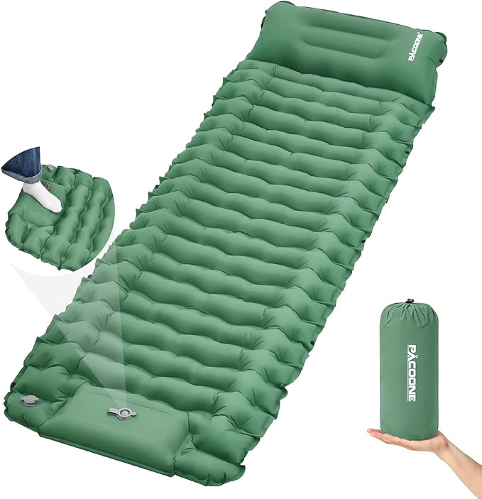 Camping Sleeping Pad Connectable Design for Double Mat Ultralight Inflatable Sleeping Mat with Pillow Built-in Foot Pump Portable Camping Air Mattress for Backpacking Hiking Tent (Green)