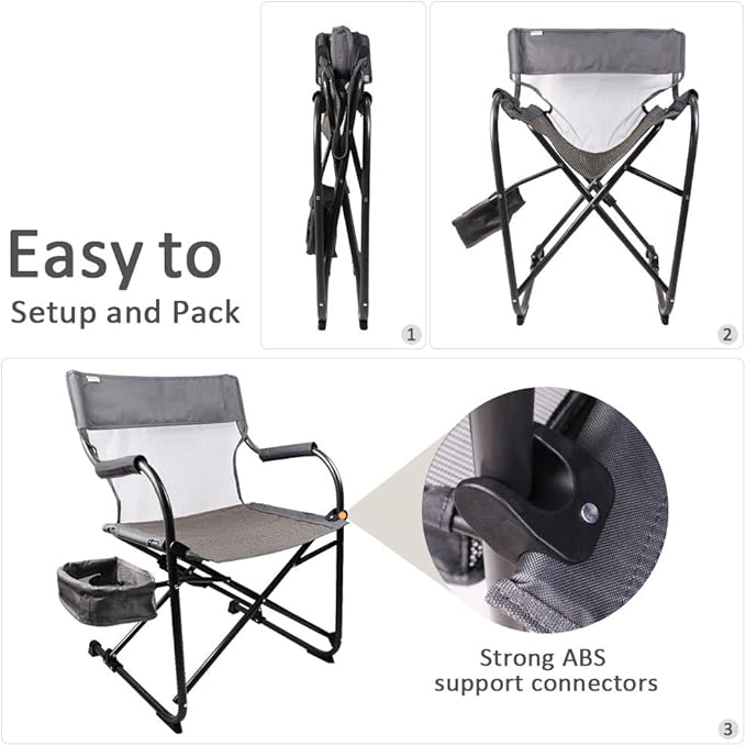 Heavy Duty Portable Foldable Director's Chair Gray - Perfect for Outdoor Use with Camping and Sporting Events Side Basket Has Storage for Everyday Essentials