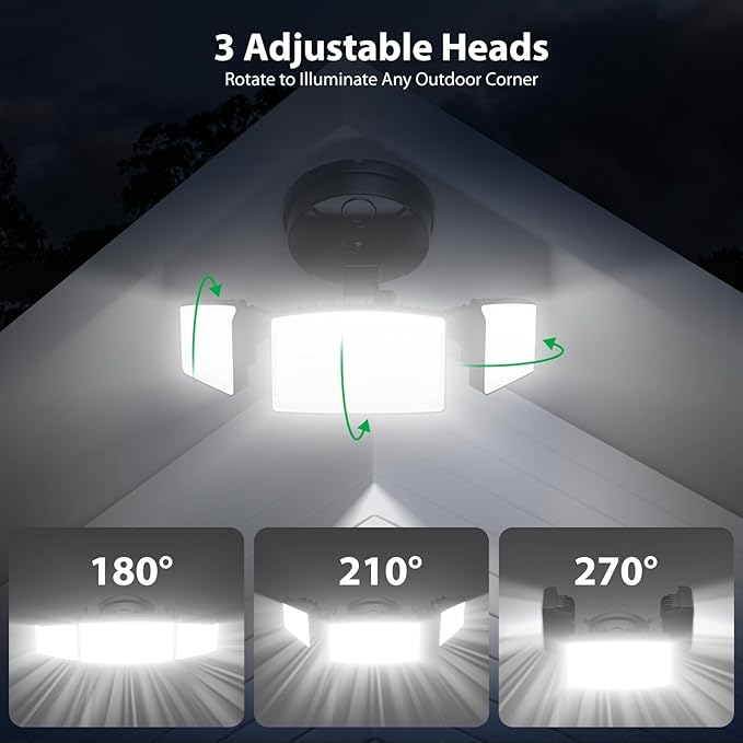 iMaihom 65W 6500LM LED Outdoor Flood Light Switch Controlled Outdoor Security Light 3 Adjustable Heads IP65 Waterproof 6500K Daylight White Hardwired Wall Mount Light for Garage Yard Patio Black
