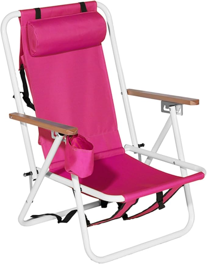 1Pcs Folding Beach Chair Set for Adults4 Position Portable Backpack Foldable Camping Chair with Headrest Cup Holder and Wooden ArmrestsAdjustable high Beach Lounge Chairs for Outdoor (1PcsRed)