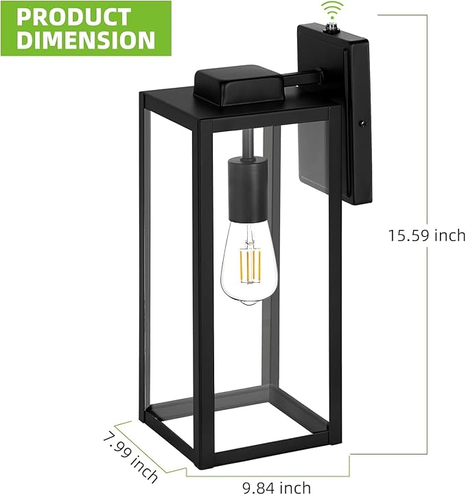 hykolity Large Outdoor Wall Light 16 Inch Lantern Dusk to Dawn Exterior Waterproof Sconce Anti-Rust Mounted Lighting with Glass Shade Matte Black Lamp with E26 Socket for Porch 2 Pack