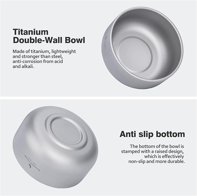 Boundless Voyage 420ml Titanium Double Walled Bowl for Adult Children Ultralight Portable Soup Rice Food Bowl Outdoor Camping Durable Metal Tableware Ti1084T