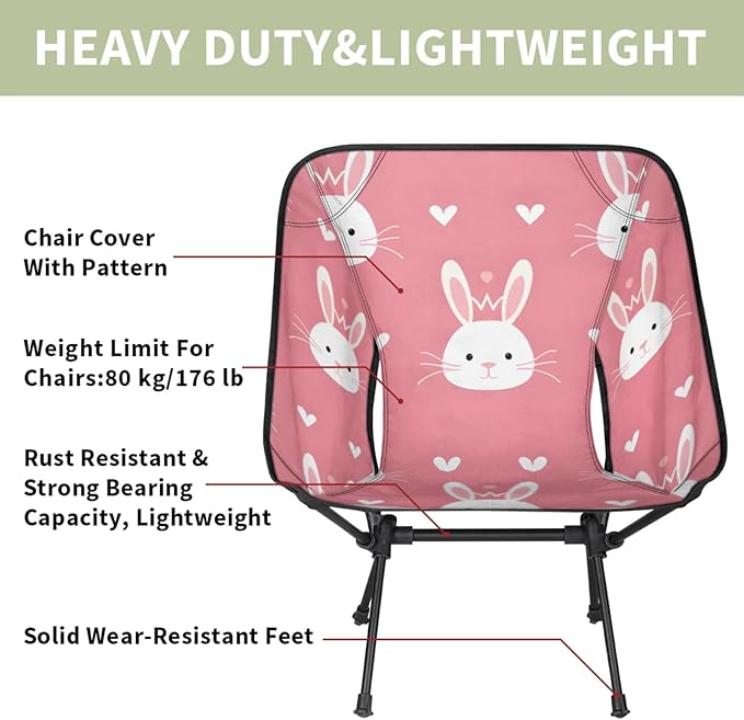 Folding Camping Chair Rabbits Love Heart Camping Chairs Lightweight Portable Chair Outdoor Foldable Chairs for Camping Travel Picnic Beach Hiking