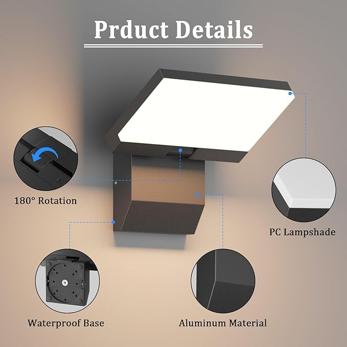 2 Pack Outdoor Wall Lights 24W Aluminum Outdoor Light Fixture 180° Adjustable Head IP65 Waterproof 3000K Exterior Garage Light for Front Door Patio Porch