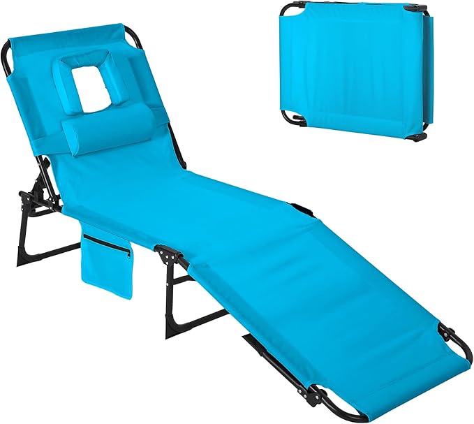 Tanning Chair with Face Hole Folding Beach Lounge Chair5-Position Adjustable Backrest Pillow &amp Side PocketPortable Face Down Chaise Lounge for Outdoor Backyard PoolsideBeach PatioBlue