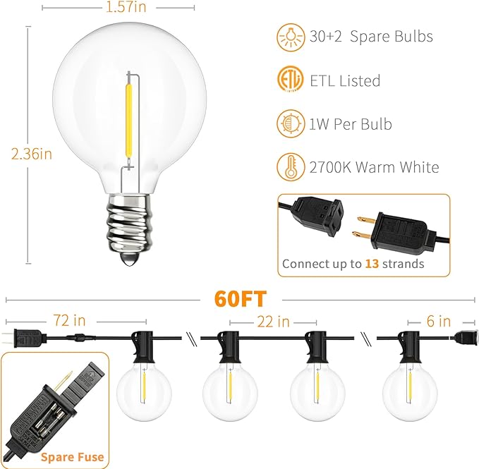 Svater Outdoor String Lights LED 60 FT Patio Globe Lights with 32 Plastic G40 Bulbs Waterproof Dimmable Outside Hanging Light for Backyard Bistro Cafe Porch Party Decor 2700K Warm White