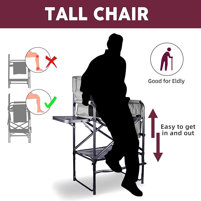 Tall Directors Chair 30 Seat Height Bar Height Folding Chair with Side Table Foldable Camping Chair with Side Pocket for Makeup Artist Sports Event Supports 400LBS - Black/Gray