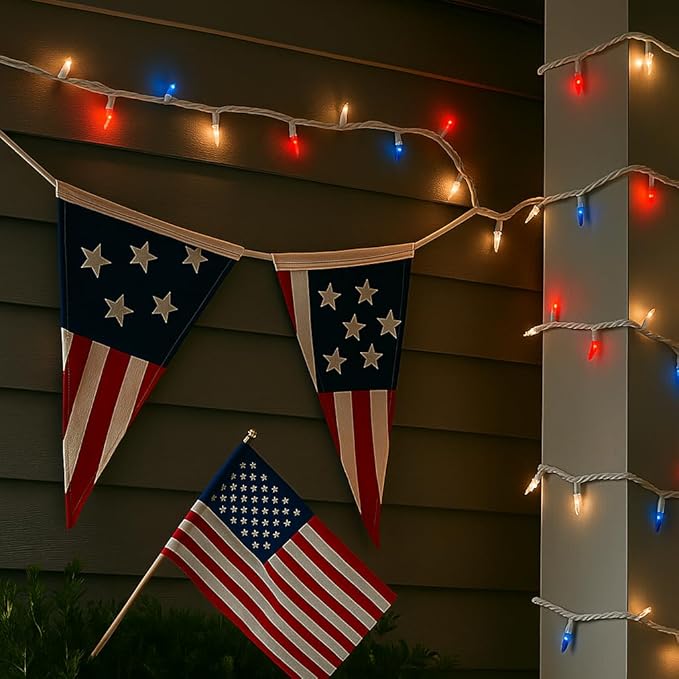 Novelty Lights 50 Feet 100 Bulb Incandescent Mini Light String Red/White/Blue with 6-Inch Spacing on White Wire UL Listed Commercial Grade Indoor/Outdoor Mini Lights Connectable End-to-End