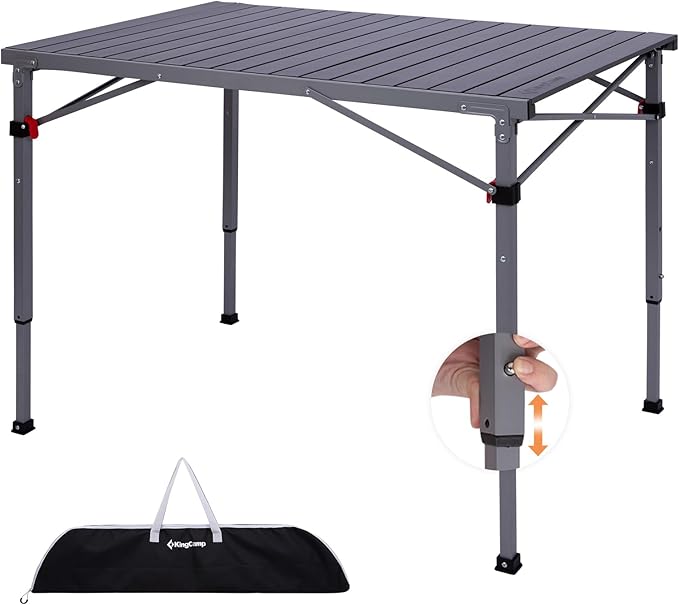 KingCamp Folding Camping Table Foldable Loads 265 Lbs 42.1× 27.6 Portable Table 3 Adjustable Height Aluminum Roll Up Camp Table with Carry Bag for Camping Picnic BBQ Backyard Indoor &amp Outdoor