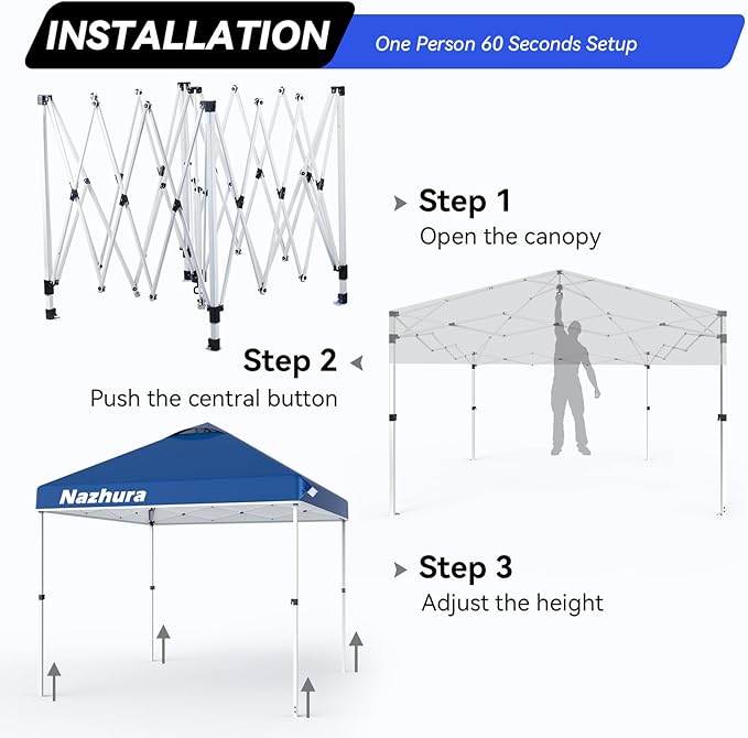 Nazhura 10' x 10' Pop Up Canopy Tent with Sand Weight Bag Freestanding Sun Shelter for Picnic and Camping One Person Setup and Height Adjustable (Blue)