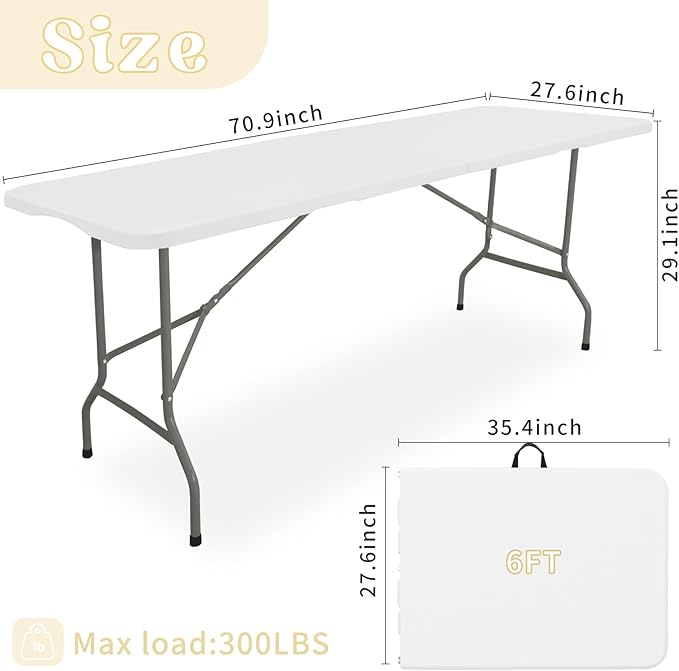 Set of 2 Folding Table 6 FT Lightweight Camping Table Portable Plastic Rectangular Outdoor Dining Table Steel Legs Fold-in-Half with Carrying Handle for IndoorPicnicPartyWeddingEvents(White)